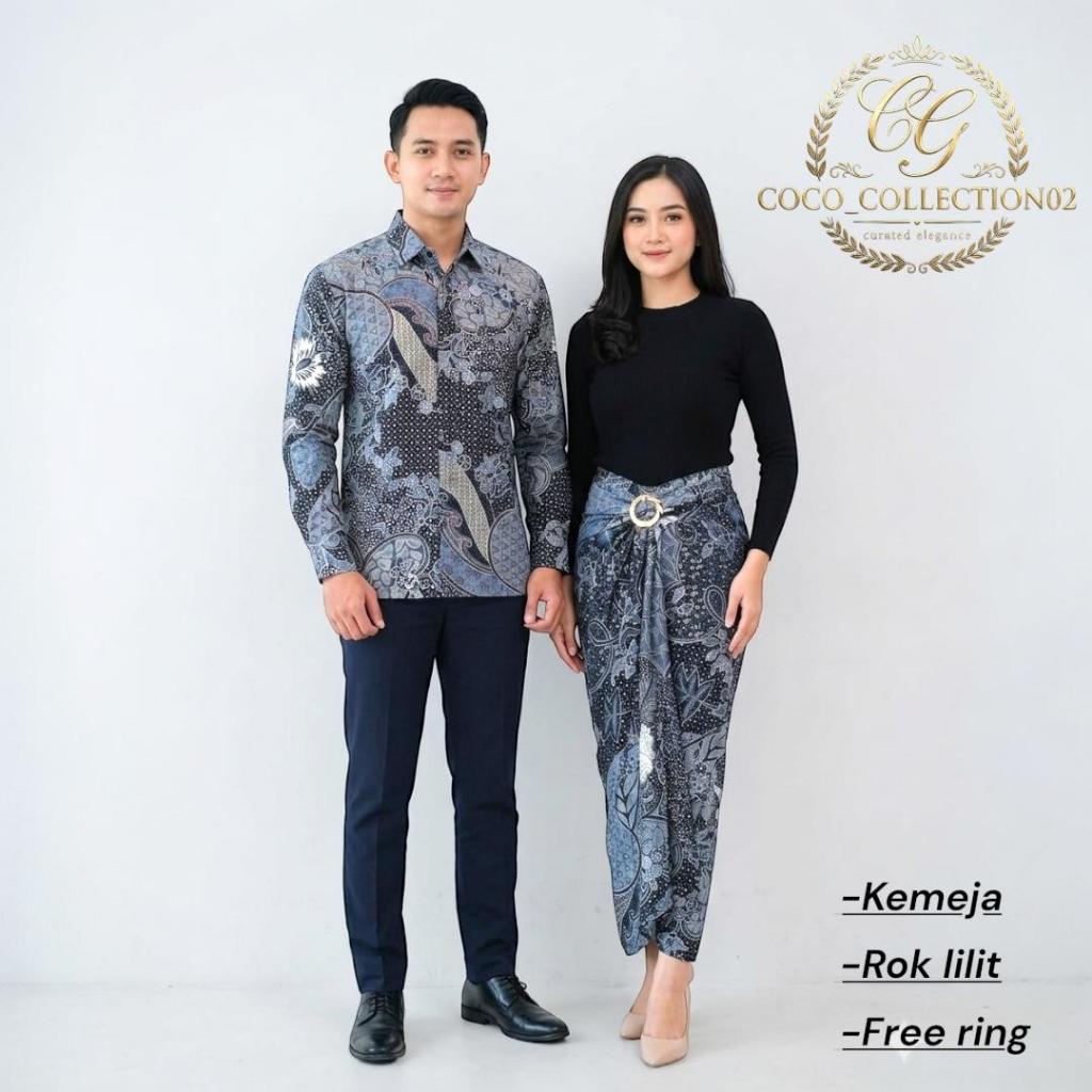 Kemeja Batik Couple Keluarga Semi Sutra Foil Prada Allsize Batik Motif Aurel Silver