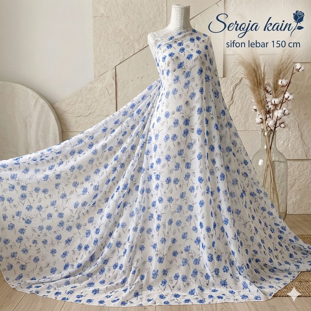 Kain Sifon Ceruty Motif Bunga Kecil Biru Bahan Dress Gamis Jilbab Flowy Premium Mnt