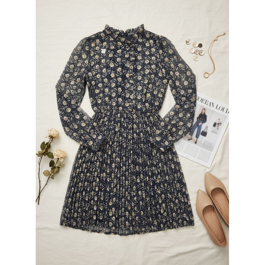 Dress Midi Motif Bunga Plisket Premium Floral Vintage
