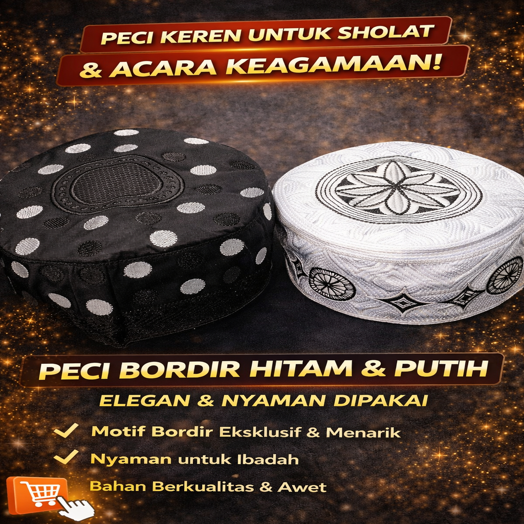 Lobe Kopiah Peci Bordir Hitam Putih Dewasa Kopiah Muslim Premium