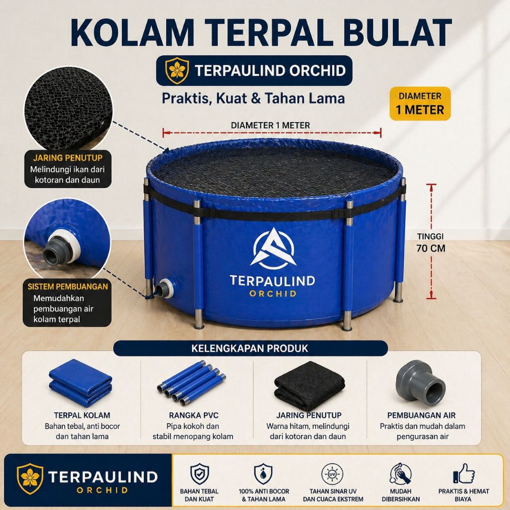 Kolam terpal bulat Diameter 1M tinggi 70Cm full set untuk ikan lele koi hias merk orchid