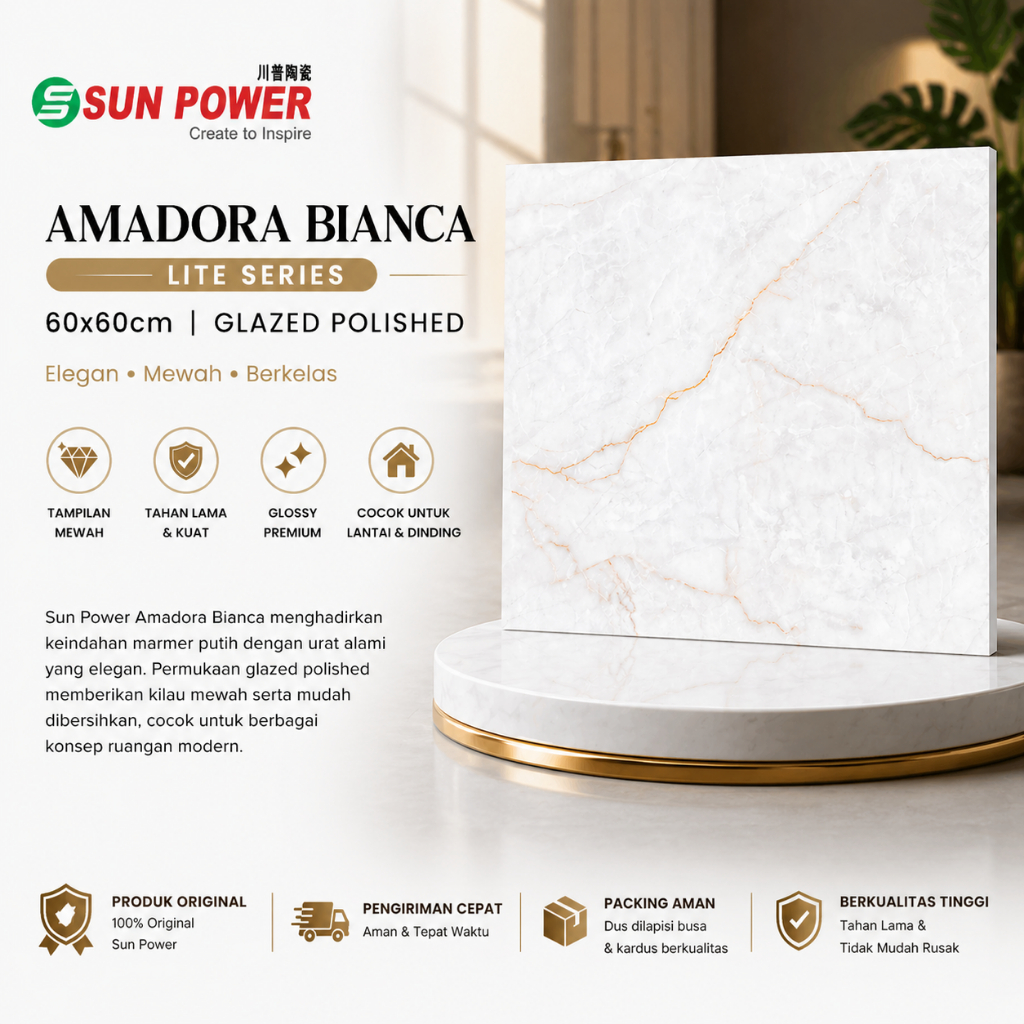 Granit Lantai 60x60 Putih Marmer Sun Power Amadora Bianca Glossy Granite Premium