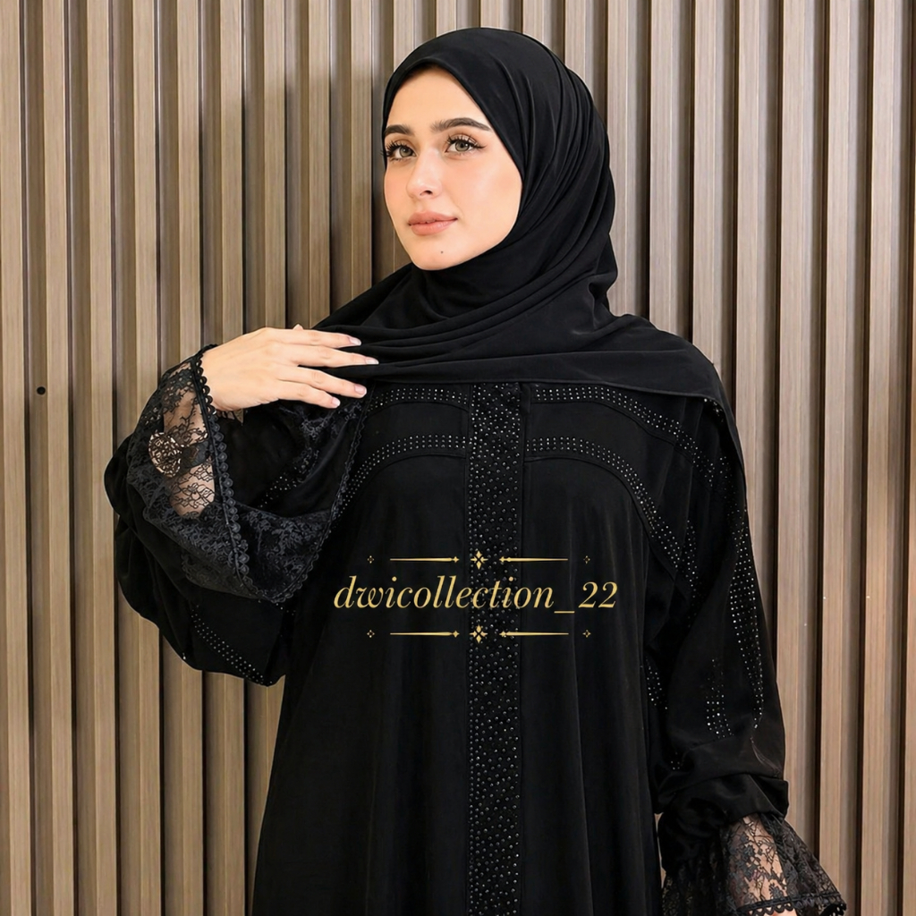 Abaya Arab Gamis Hitam Mewah Renda Brokat Mata Blik Abaya Jihan Jetblack Busui Friendly