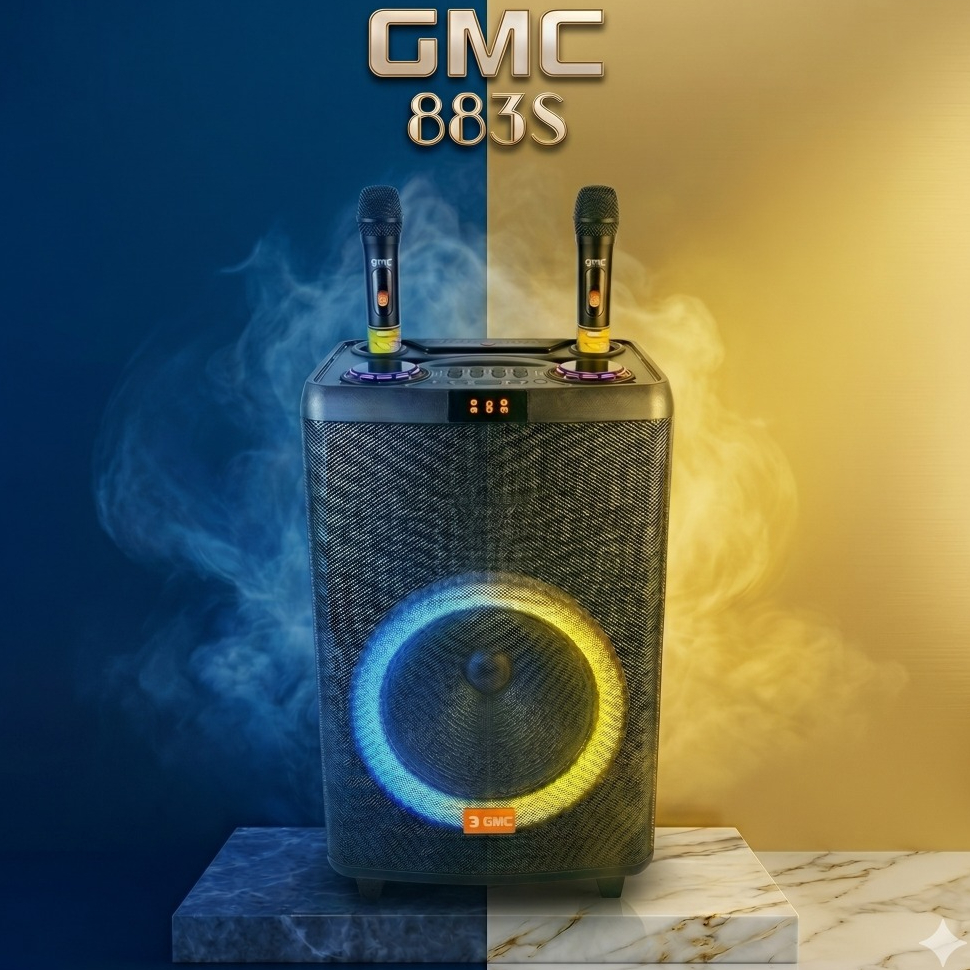 Speaker Portable GMC BESAR 883S Bluetooth Karaoke 12” 175W – Bass Bulet Kayu Premium, Dynamic LED | 
