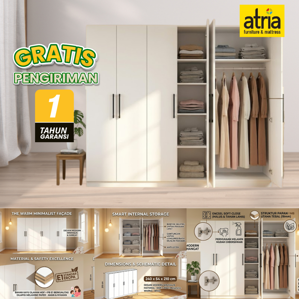 Atria Lemari Pakaian 6 Pintu Tarik Arwyn White