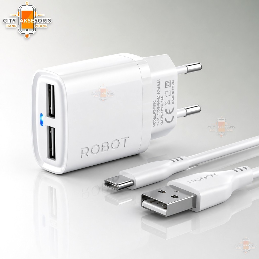 Charger Robot RT-K9SC 2.4A 2 USB Kabel Type-C Travel Adapter Casan Robot Original