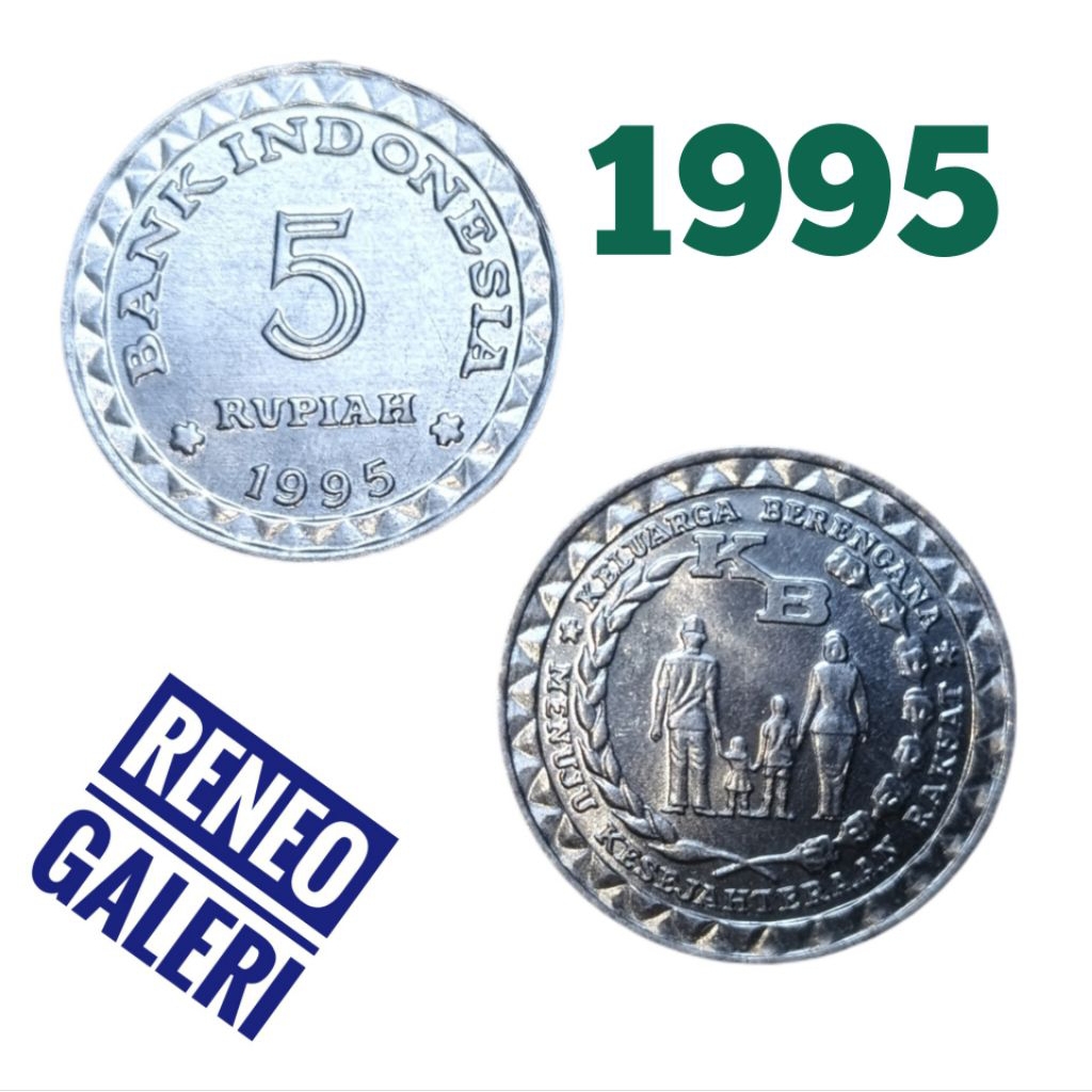 Berkilau Koin 5 Rupiah Tahun 1995 KB kecil Luster uang kuno Indonesia duit jadul lama Logam asli ori