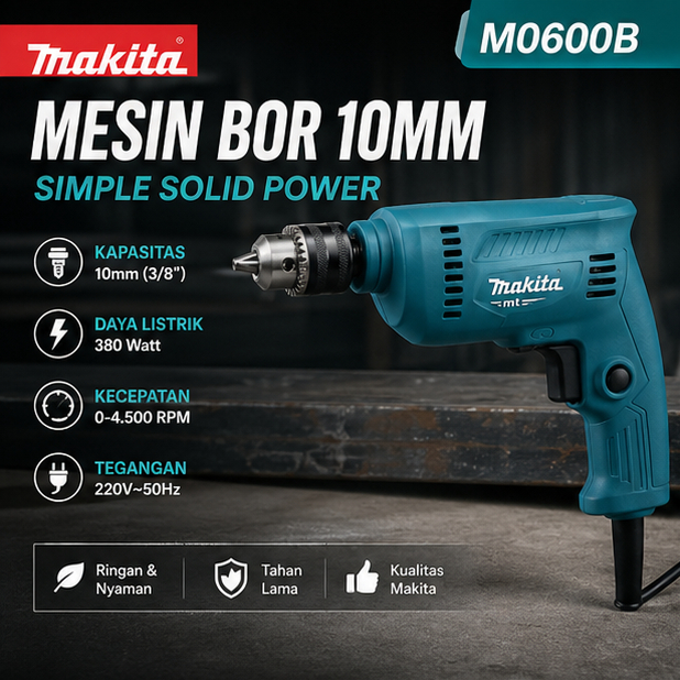 MAKITA Mesin Bor Elektrik M0600B | Hand Drill Electrik Besi Kayu 10mm Drill ( DH MT 60 MT60 Maktec )