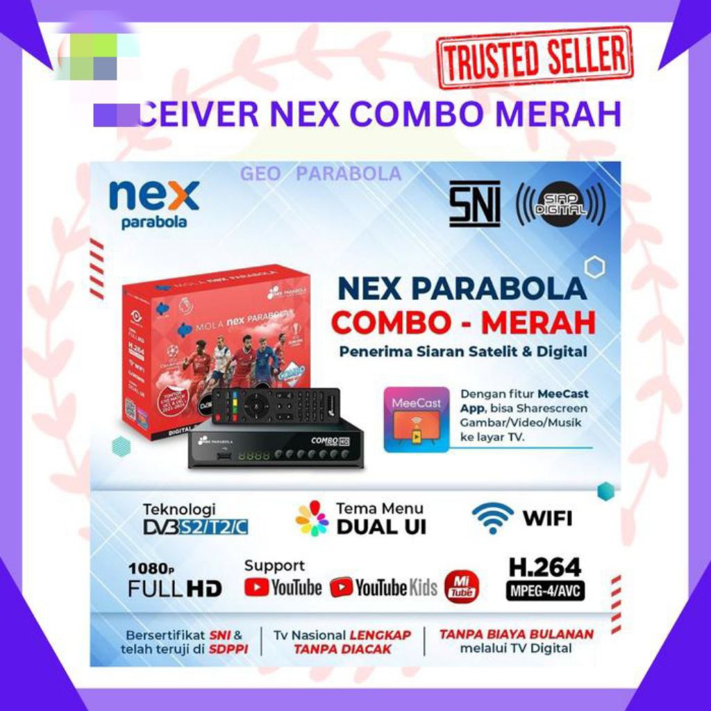 NEX PARABOLA C BAND 4 FEET DAN RECEIVER MERAH DIAMETER 120 CM KOMPLIT TERMASUK LNB KABEL