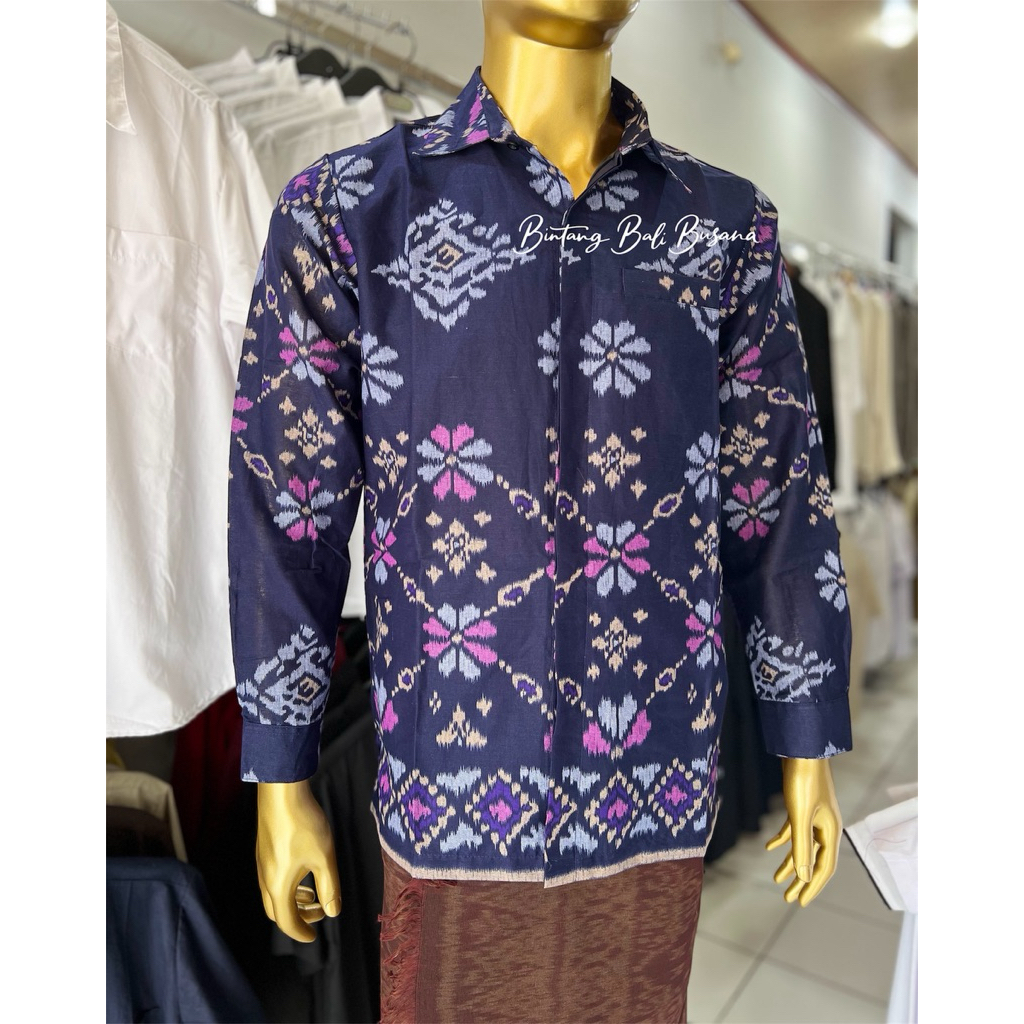 Kemeje Endek Bali Katun Pria Lengan Panjang motif JW warna Biru Dongker Navy Ungu Abu Coklat Caramel