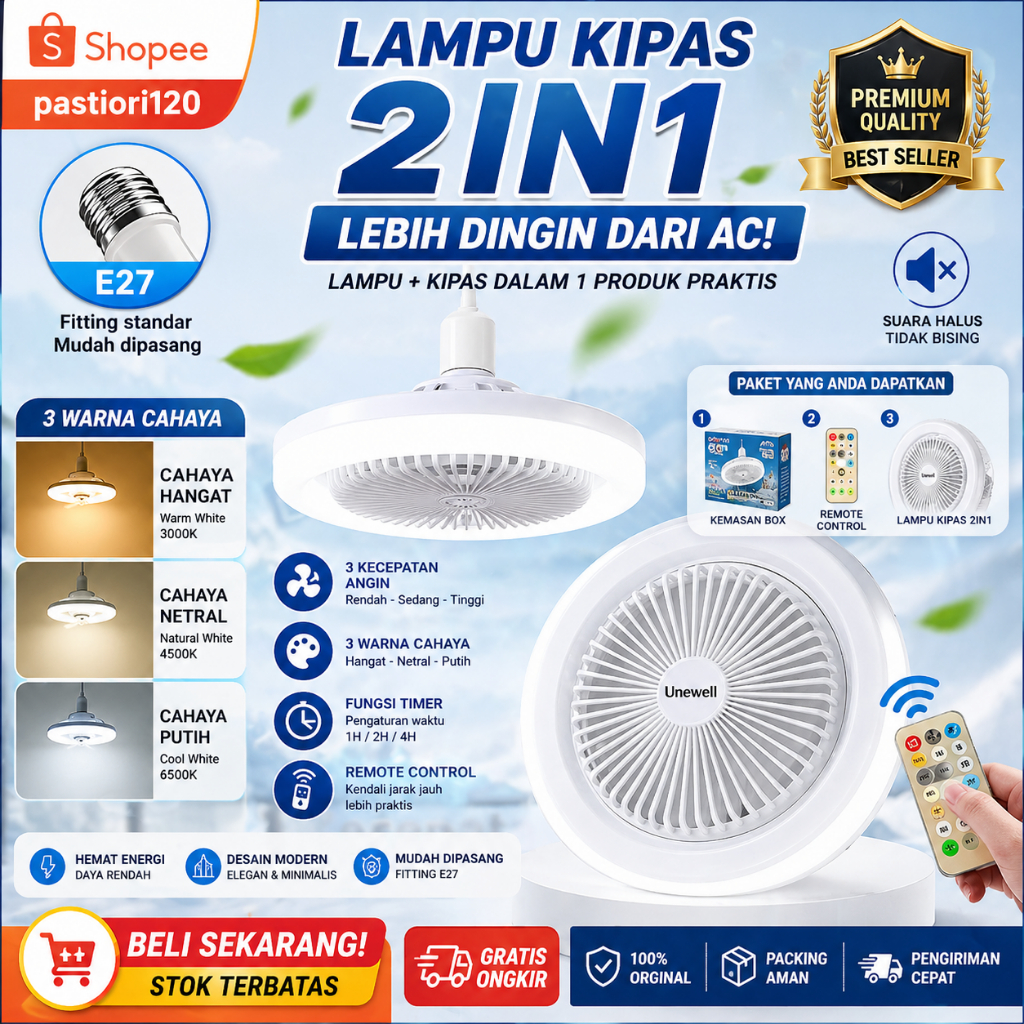 Kipas Lampu Gantung Plafon / Fan Light Ceiling Kipas+Lampu+Remote E27