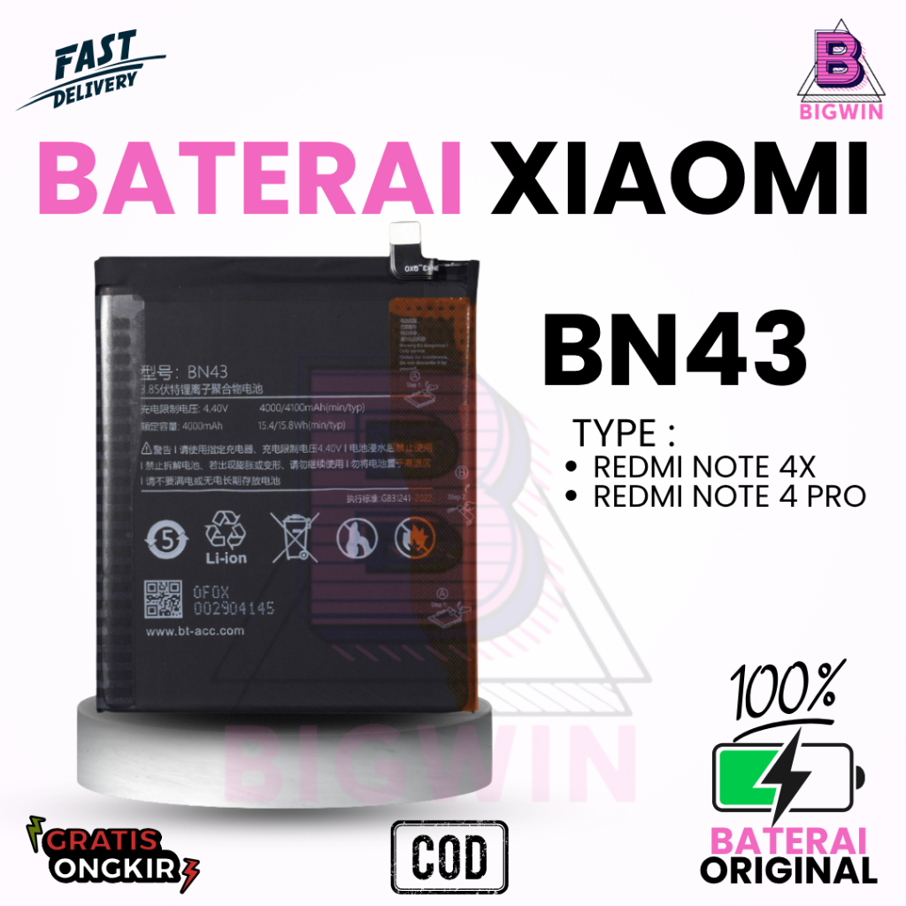 BATERAI BATTERY XIAOMI BN43 XIAOMI REDMI NOTE 4X / REDMI NOTE 4 SNAPDRAGON DOUBLE [IC POWER] ORIGINA