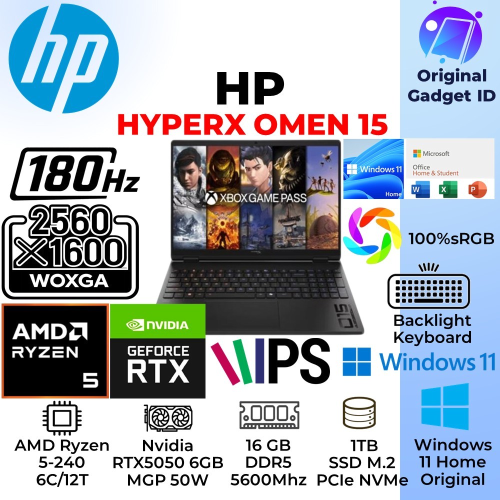 Hp HyperX Omen 15 | Ryzen 5 240 & Ryzen 7 260 | 16GB Ram | 1TB SSD | Windows 11 Home + Office OHS | 