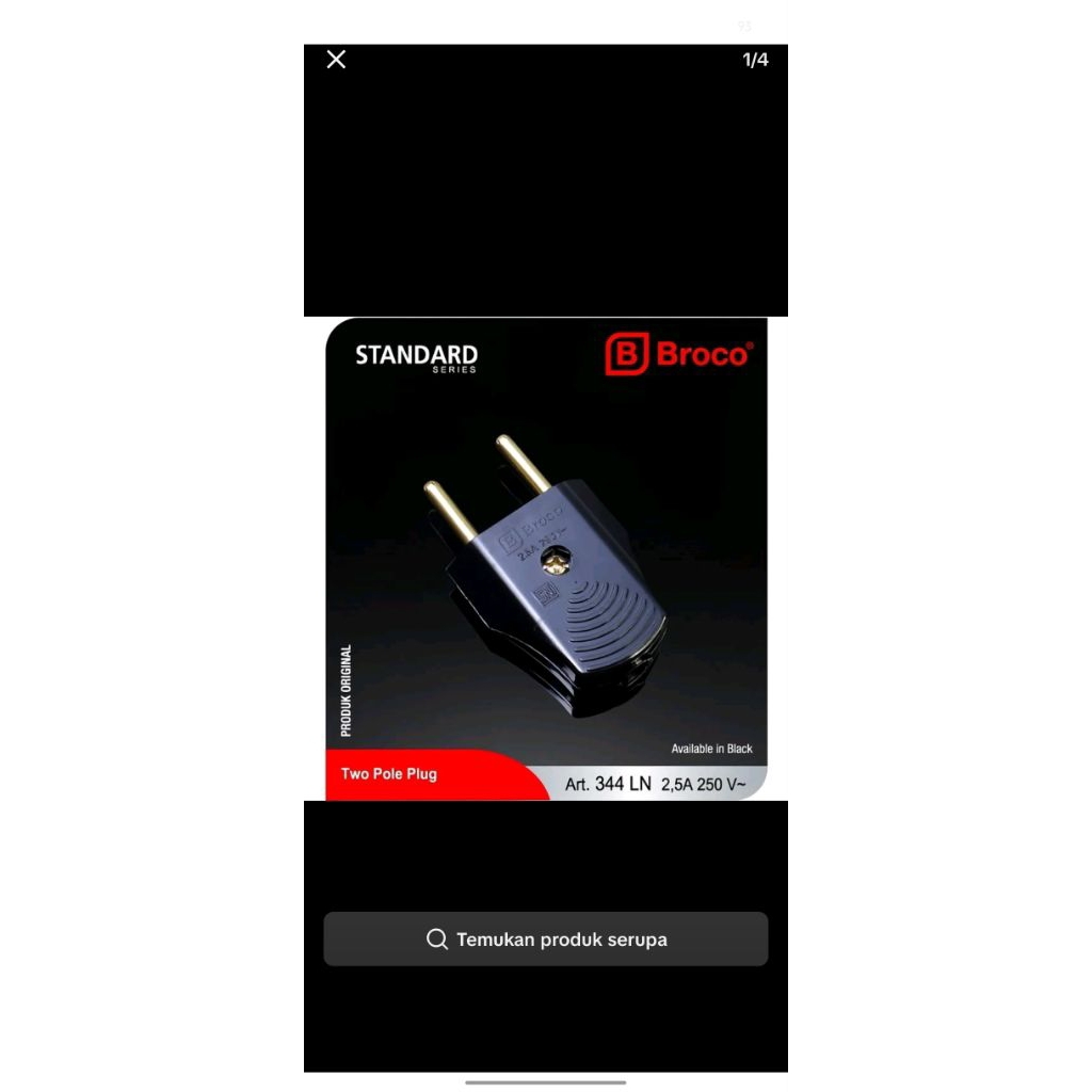 Steker Gepeng Broco Hitam 344 LN - Desain Tipis, Arus Maks 2.5A, Tegangan 250V