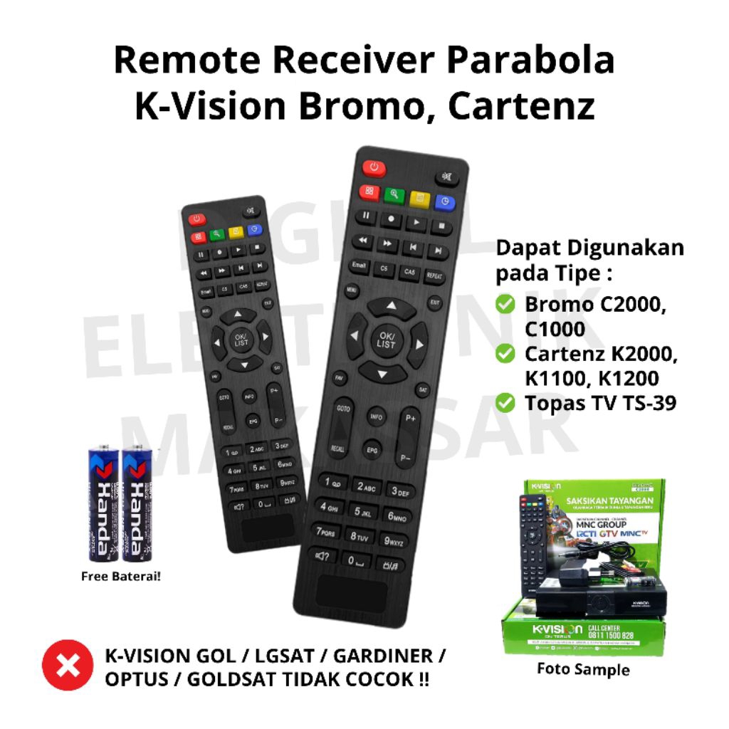 Remote Receiver Parabola K-Vision Bromo C2000, Cartenz K2000, Topas TV Remot Kvision (Free Baterai)