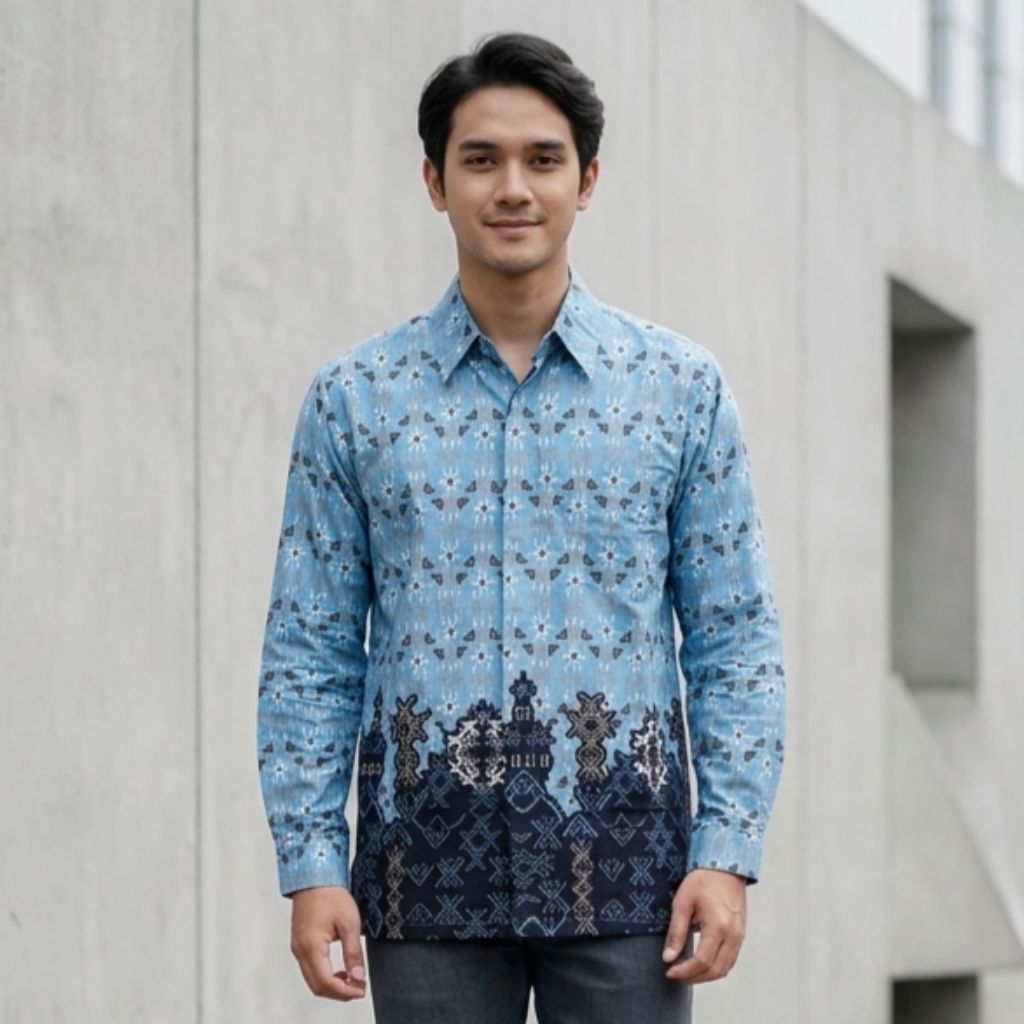 Batik Pria Lengan Panjang Denim Biru Muda Bahan Katun Reguler - Seragam Batik Pria Kantor Dan Pesta 