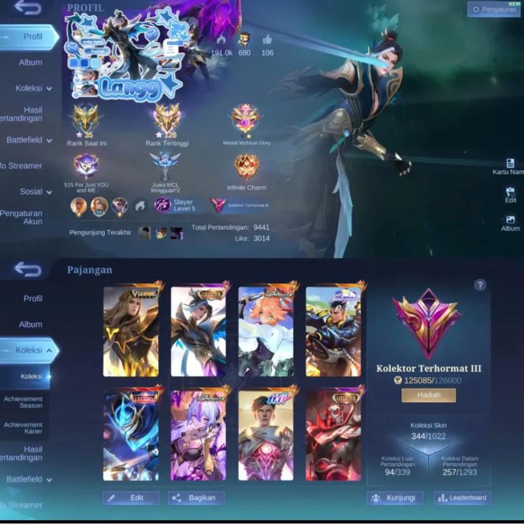 Jual akun mobile legends sultan skin lengkap