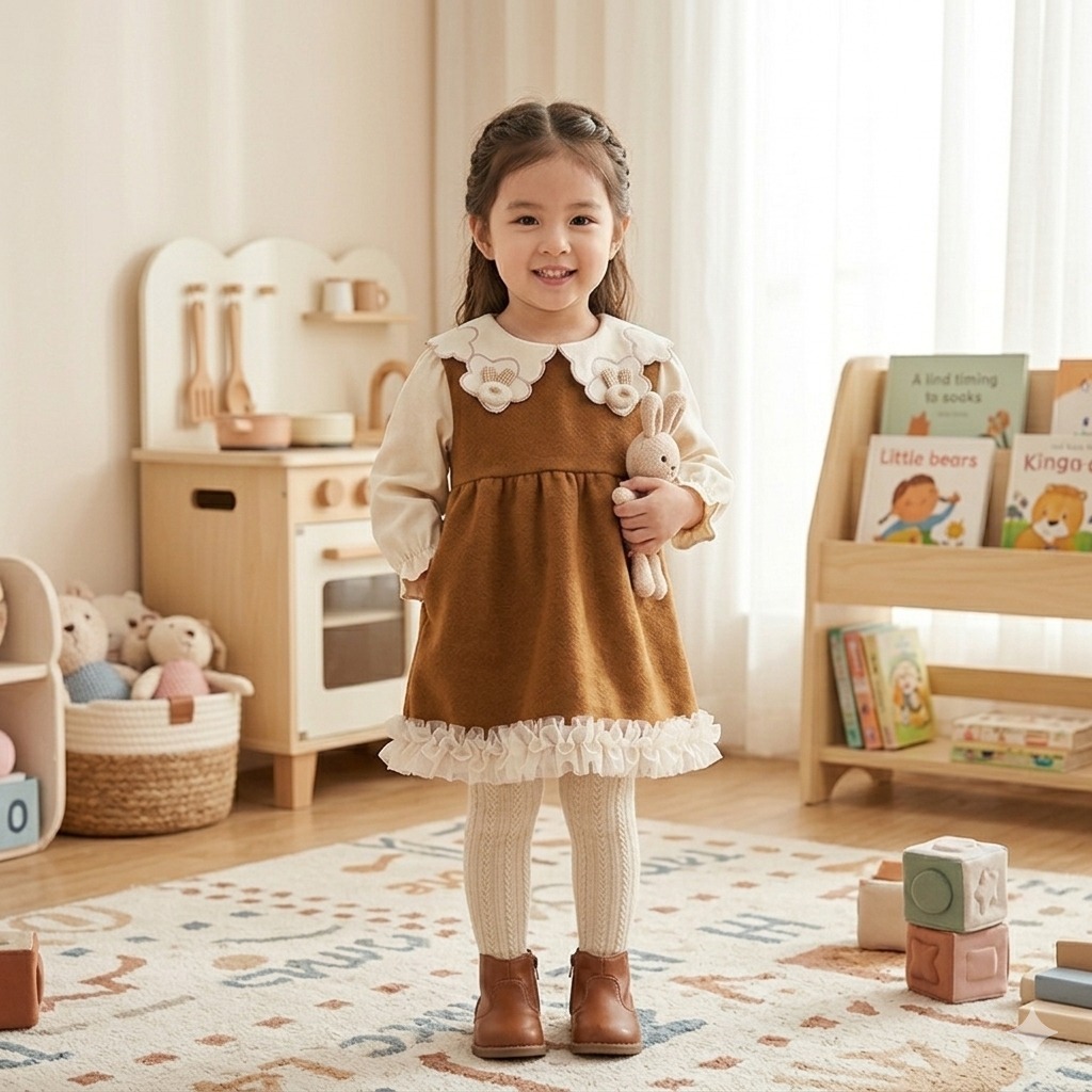 Gaun Pesta Anak Perempuan Model Korean Style Corduroy Mix Tile | Baju Dress Anak Cewek Lengan Panjan
