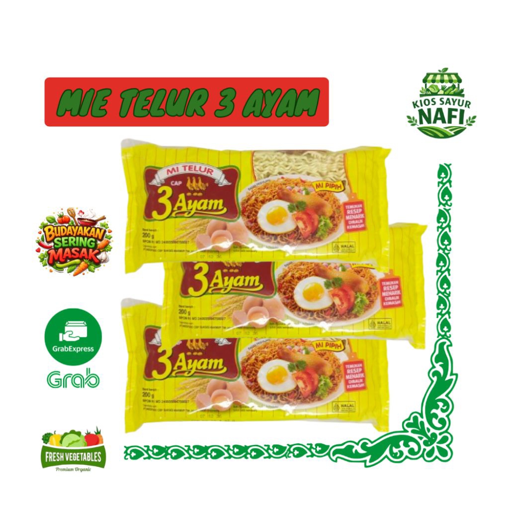 Mie Telur Cap 3 Ayam 200g – Mie Pipih Kering Untuk Mie Goreng, Mie Kuah & Bakmi