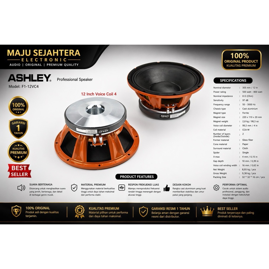 SPEAKER KOMPONEN ASHLEY 12INCH VOICE COIL 4INCH F1-12VC4 F112VC4 F1 12VC4 ORIGINAL