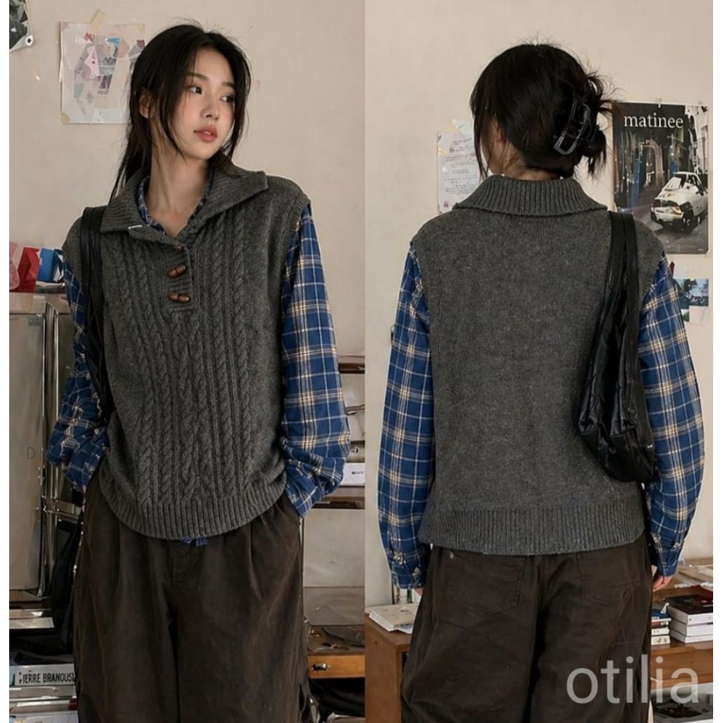 [KOREAN LOOK] Sweater Cashmere 2in1 Wanita Lengan Panjang Motif Plaid Cable Knit / Atasan Rajut Komb