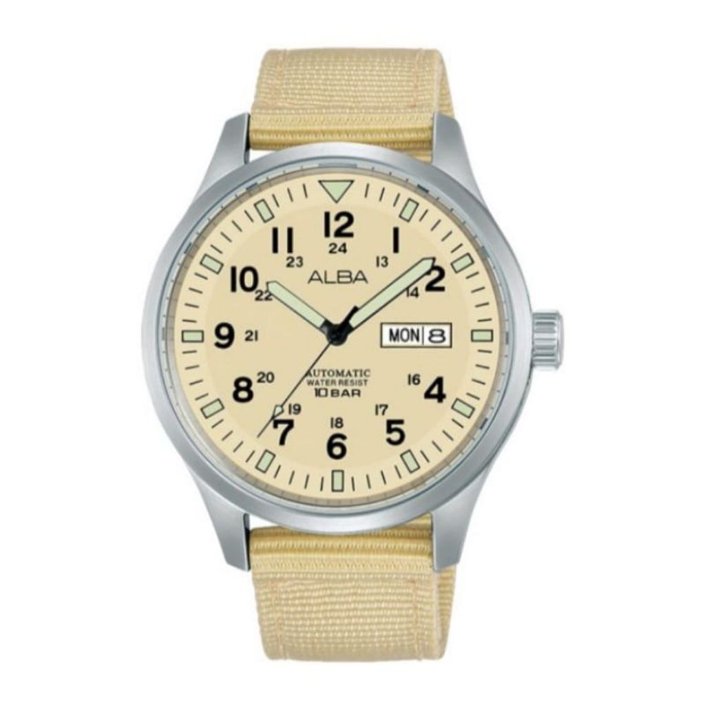 Jam Tanga Pria ALBA Mechanical AL4221X1 al4221 Field Military Automatic Beige Dial Original