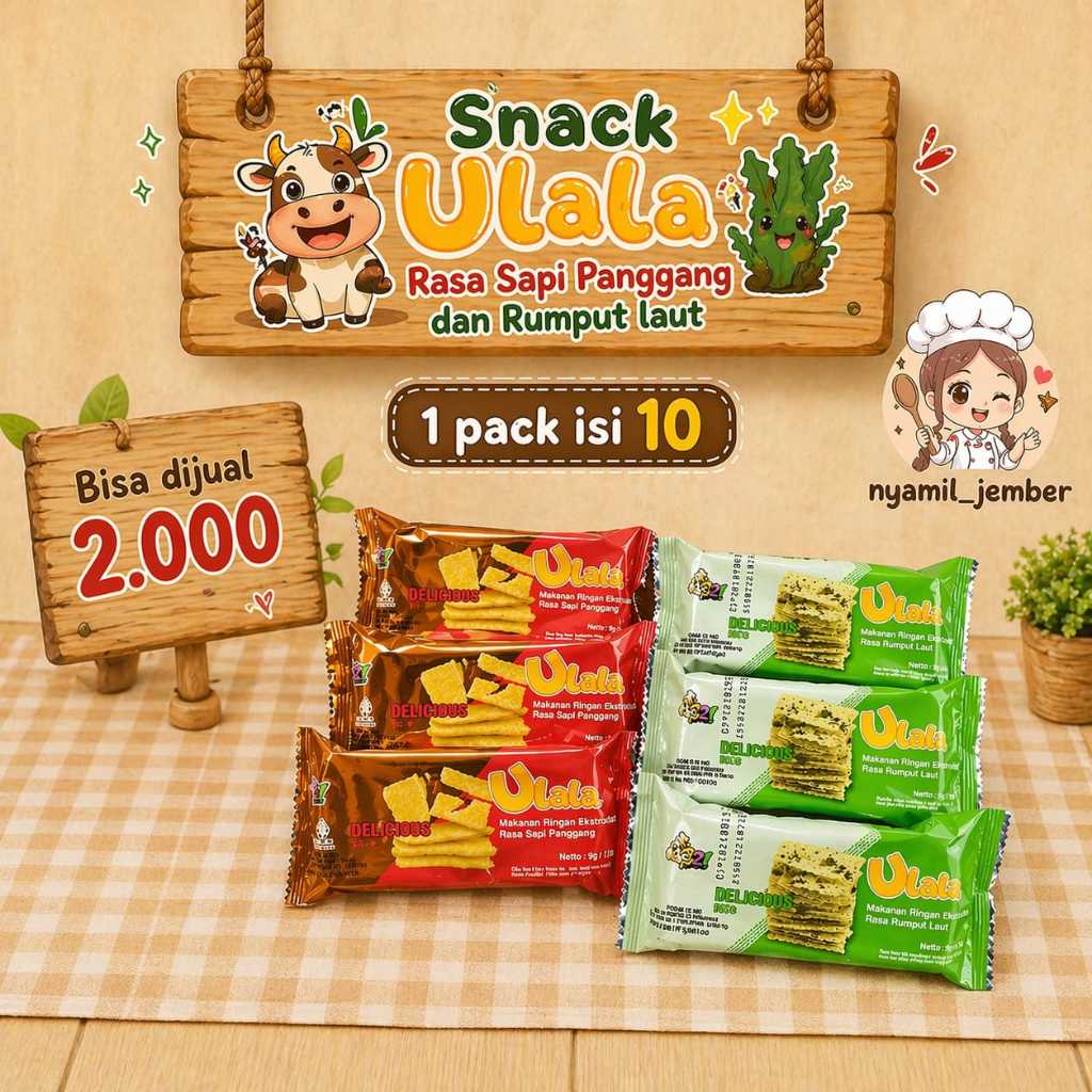 (10 PCS) SNACK ULALA ULALA SNACK 20 gram SAPI PANGGANG RUMPUT LAUT