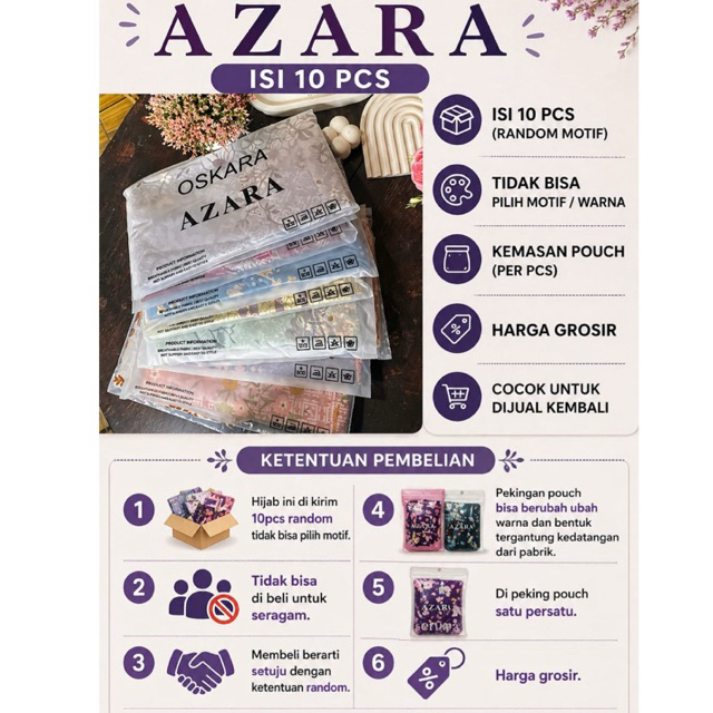 10PCS HIJAB MOTIV AZARA VOAL PREMIUM KEMASAN POUCH LOGO PRINTING