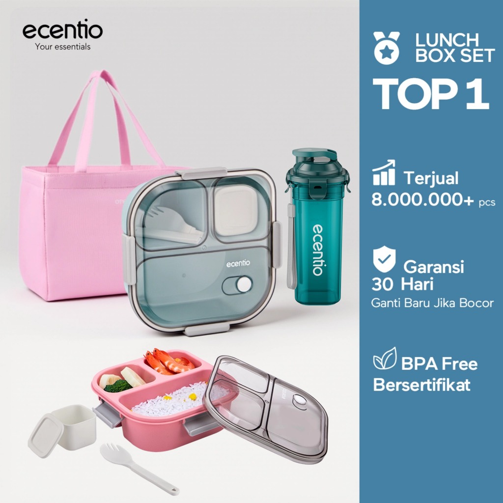 [untuk pekerja kantor] ecentio kotak makan set aesthetic premium 3 grid 1100ml lunch box anti tumpah