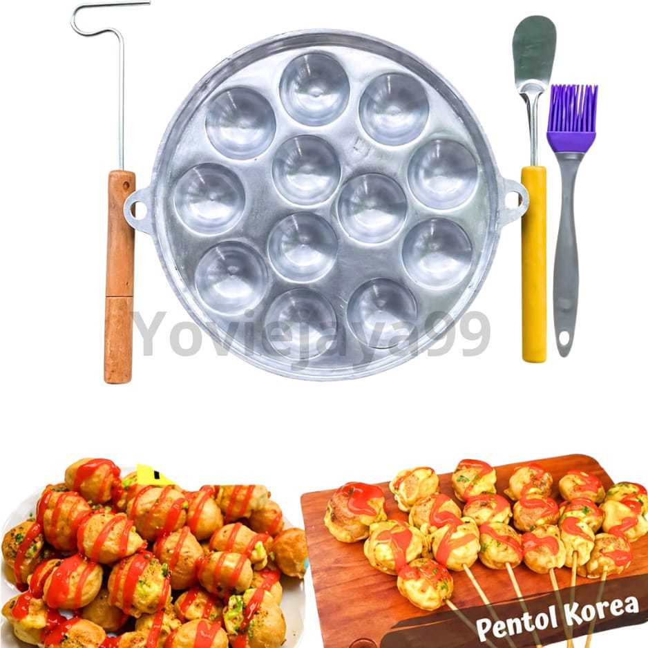 Cetakan Takoyaki 12 Lubang Anti Lengket Wajan Cilor Maklor Free Congkel Kuas Sutil