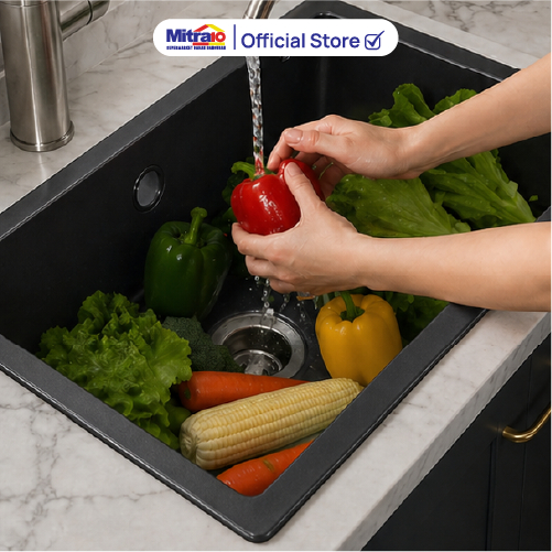 Sink Wastafel Granite Jumbo Zehn 76x44x22cm Hitam Bak Cuci Piring M7644 - Granite Sink Black [INCLUD