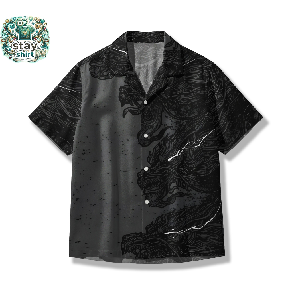 Stay Shirt Mythical Dragon Design - Kemeja Retro Vintage Motif Naga Abu Tua Aesthetic STY130