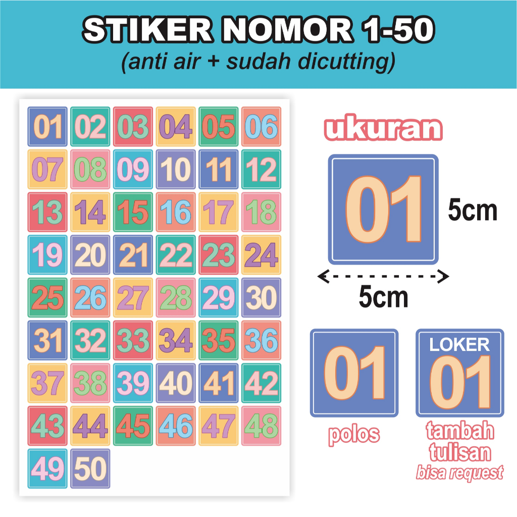 Stiker Angka Nomor 1-50 Stiker LOKER anak KELOMPOK BELAJAR PAUD SD TK Stiker Penomoran Stiker meja k