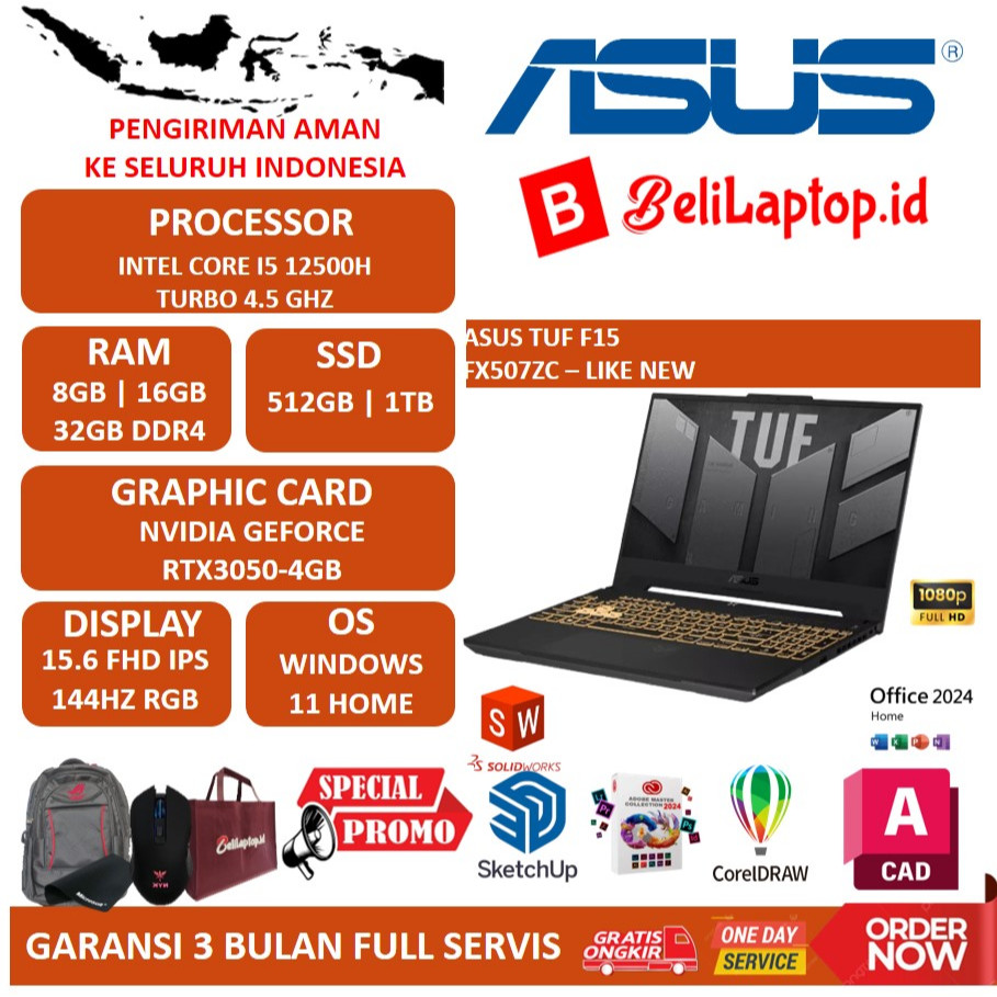 ASUS TUF F15 FX507ZC INTEL I5 12500H 16GB 512GB RTX3050-4GB FHD IPS 144HZ RGB GREY EX DISPLAY