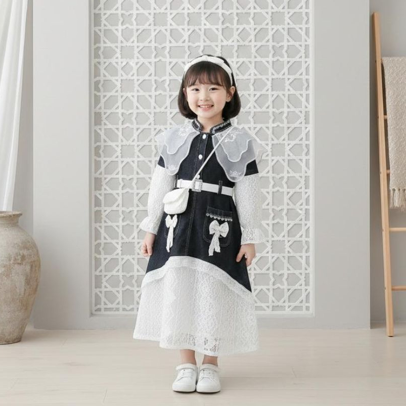 Gaun Jeans Snow Black Organza Farian Belt Putih untuk Anak Perempuan Usia 3-10 Tahun Baju Muslimah L