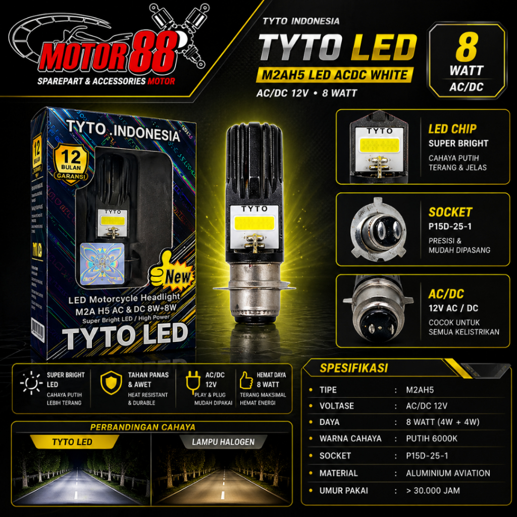 TYTO LED M2A H5 Lampu Depan Led Motor Bulb Headlight Ac/Dc Dual Beam 8Watt Waterproof