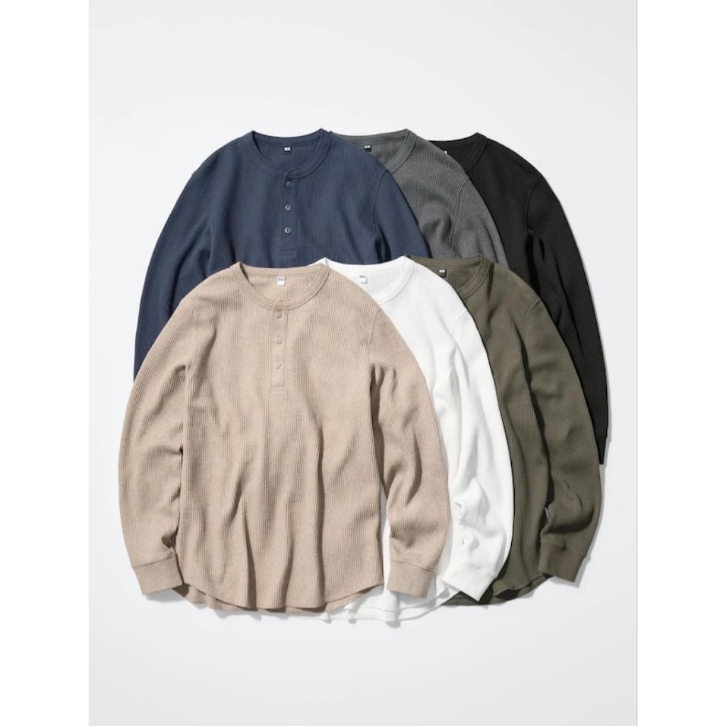T-Shirt Waffle Kerah Henley Lengan Panjang UNIQLO original