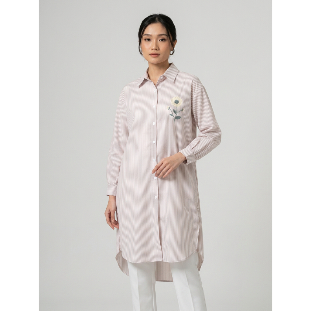 Atasan Wanita Tunik Bordir Jumbo / Tunik Salur Oversize / Kemeja Salur Lengan Panjang