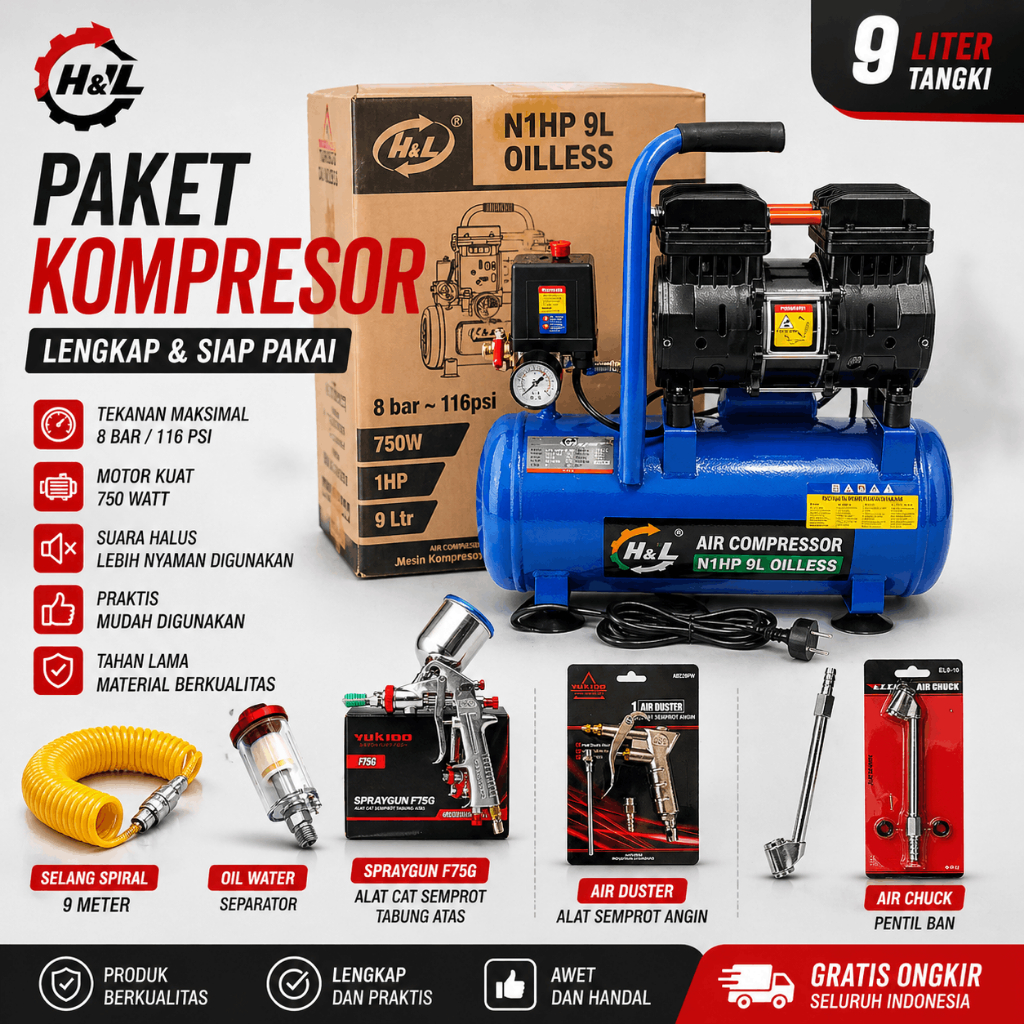 NEW PROMO MESIN paket Kompresor Angin / Kompresor Udara lengkap 8 ITEM tukang cat/bengkel motor mobi