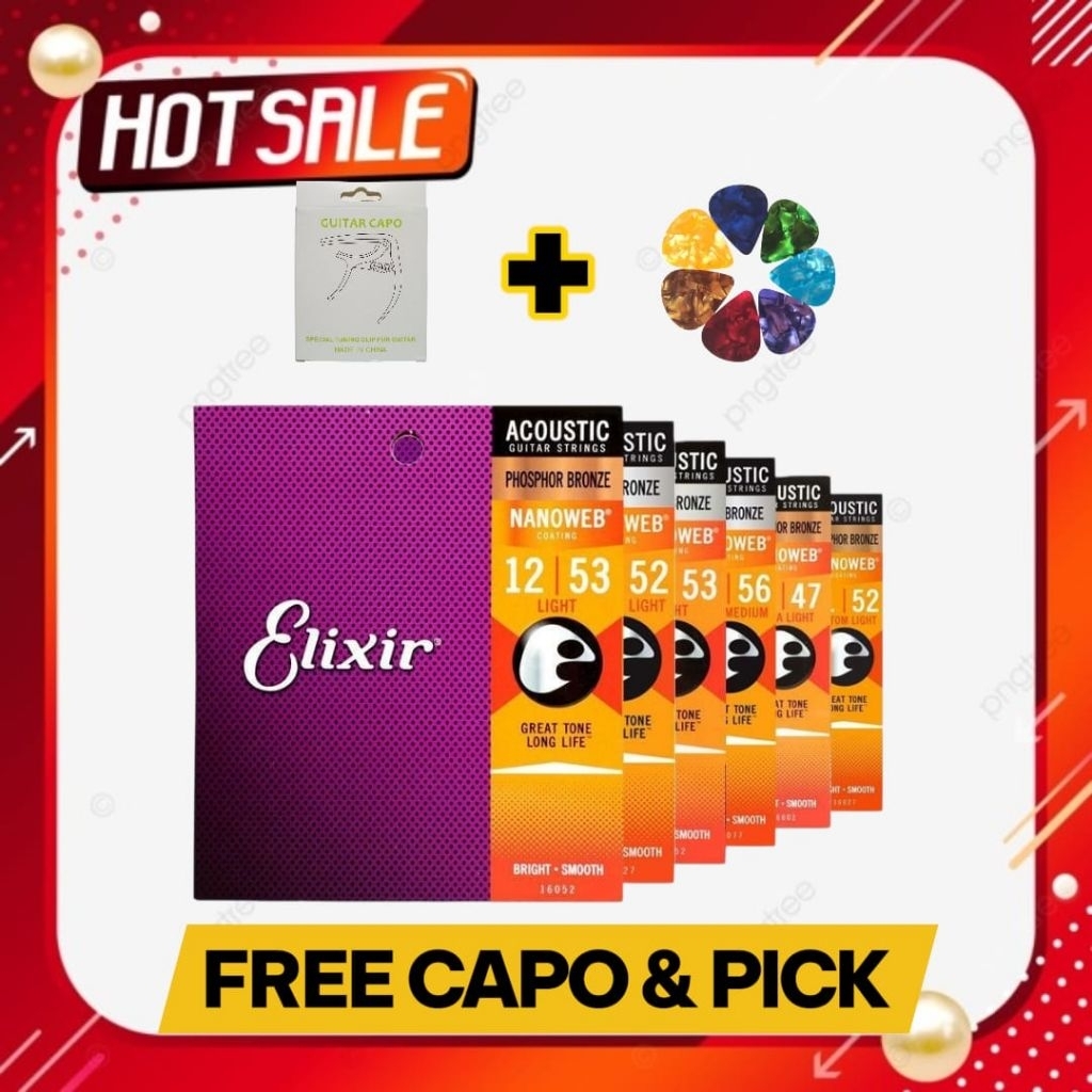 Senar Elixir Nanoweb Phosphor Bronze 010 011 012 - FREE Capo & Pick Gitar - String Elixir Akustik Or