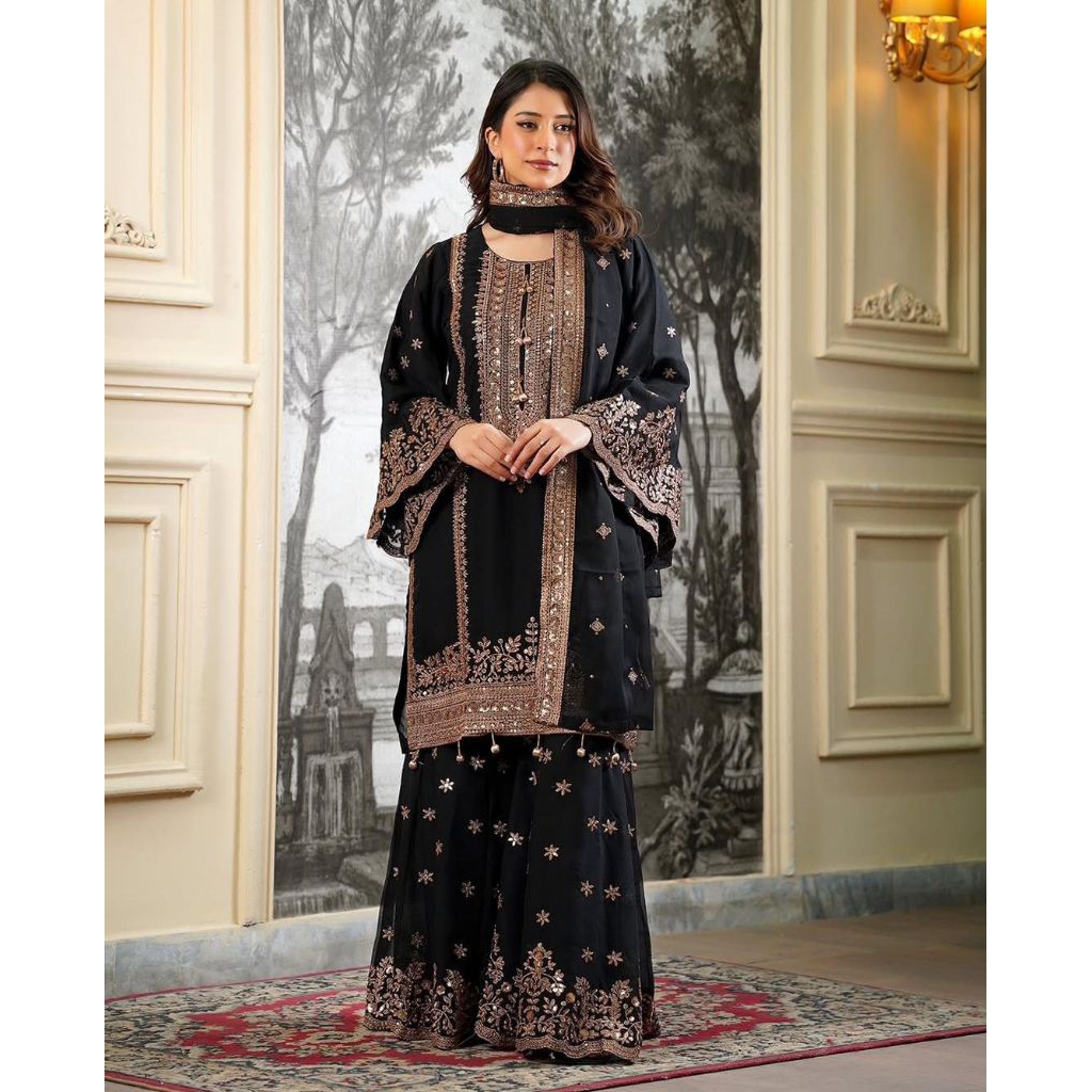 Original Pakistan Bukan Replika - Kurti Kurta Sharara India Premium Hitam bordir tembaga Pesta Bolly