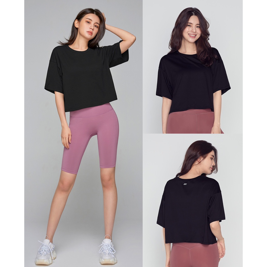 Kaos olahraga wanita oversize /STL women metro overfit crop tee (black)