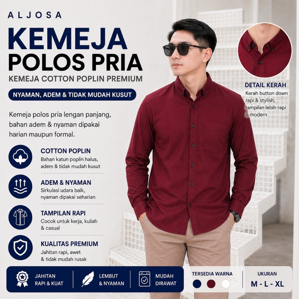 ALJOSA Kemeja Pria Polos Maroon Lengan Panjang Kerja