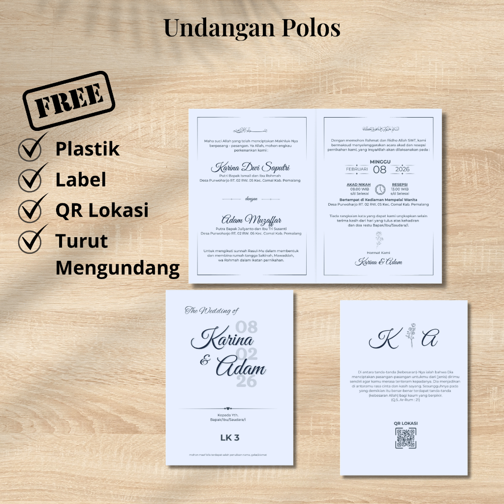 [50 pcs] Cetak Undangan Pernikahan Polos Elegan Minimalis Bahan BC Jasmine Mewah Hitam Putih Sage Bi
