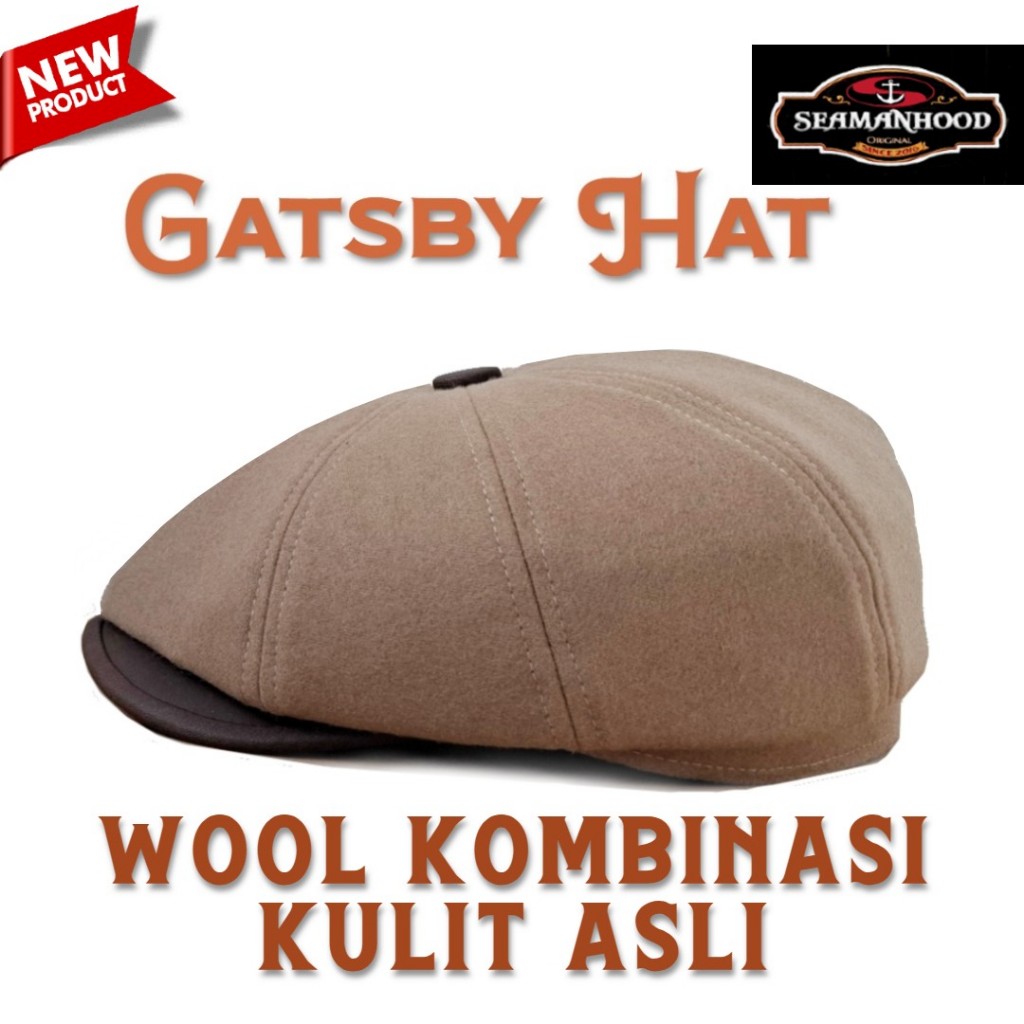 Topi Newsboy Hat Gatsby Style Original Seamanhood Two Tone Flat Cap Wool Tweed Cream Kombinasi Kulit