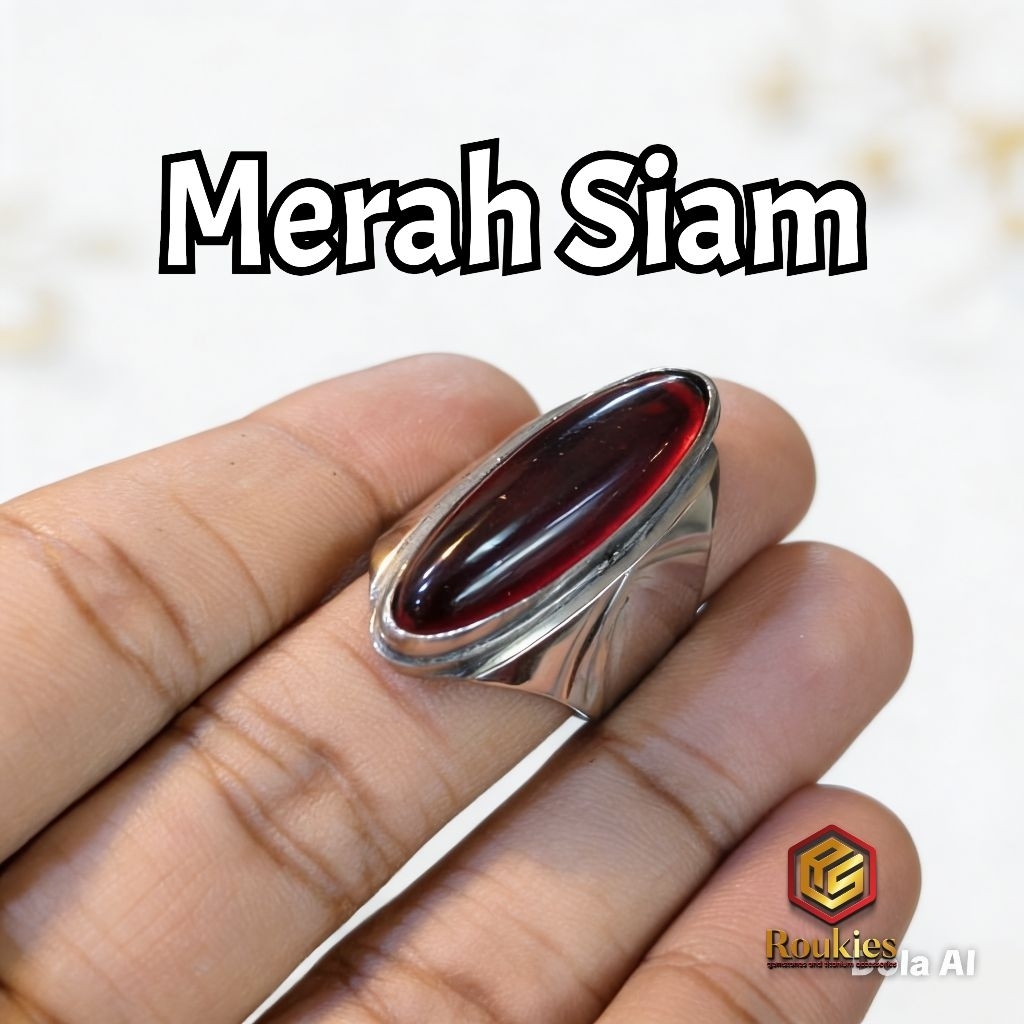 Cincin Batu Merah Siam Model Pandan/ Panjang Ring Baja Putih Monel