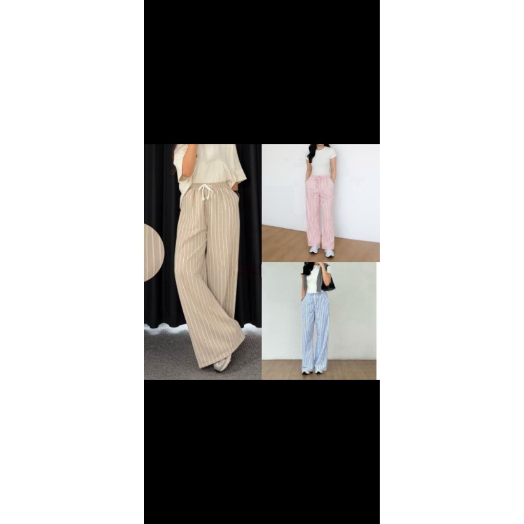 Celana Panjang Wanita Katun Baggy Model Kulot Pinstripe Hitam