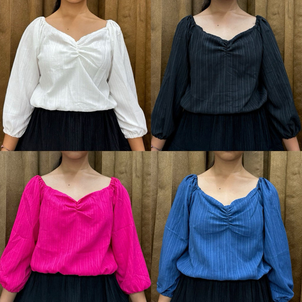 TOP KENZI / Baju Atasan Wanita / Baju Kerut Dada Lengan Panjng / Bahan Crinkle Ladycrush Korean Stye