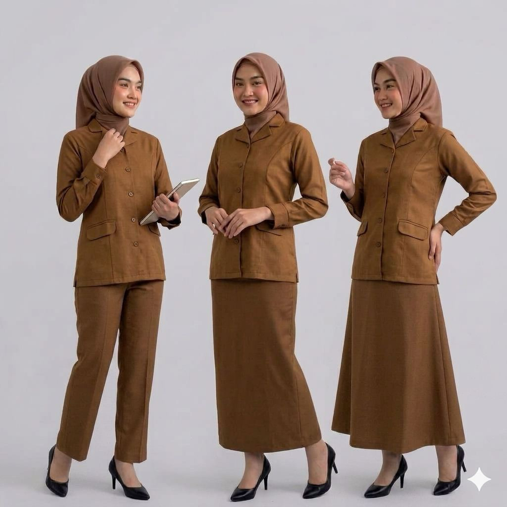 Setelan PNS saku bawah Semi Jas Baju Seragam PDH Khaki PEMDA PNS Wanita Terbaru Model Kerah Rebah TE
