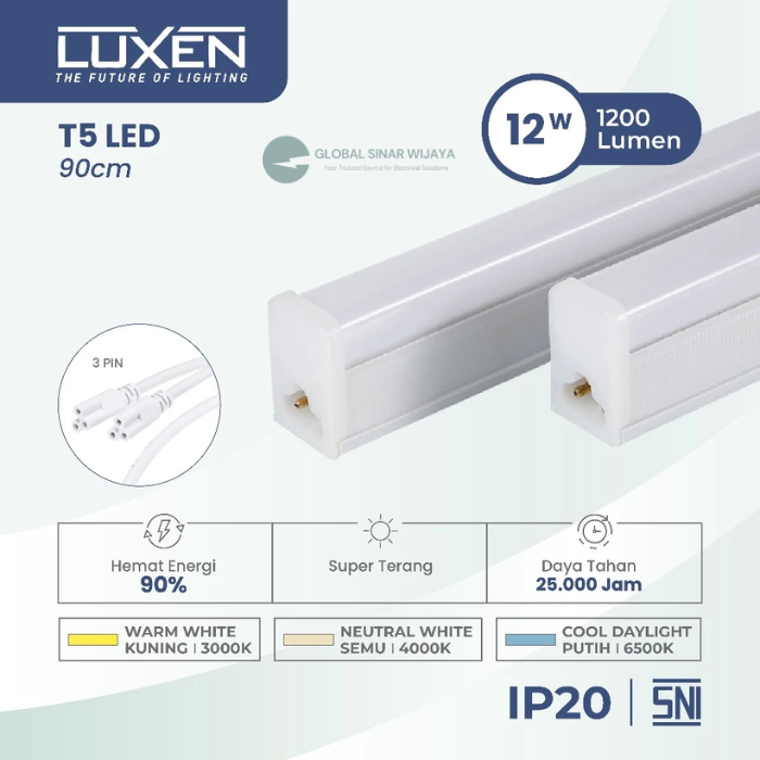 Luxen TL T5 LED 12W T512PLSCDL/NW/WW, 100LM/W - 170-240V - PC - 3000K, 90 CM Cahaya Kuning